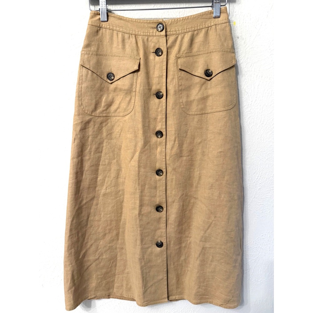 Ralph Lauren A-line button front midi skirt size ~XS/S pockets beige lined